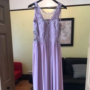 Lace and Chiffon Gown with Geometric Neckline